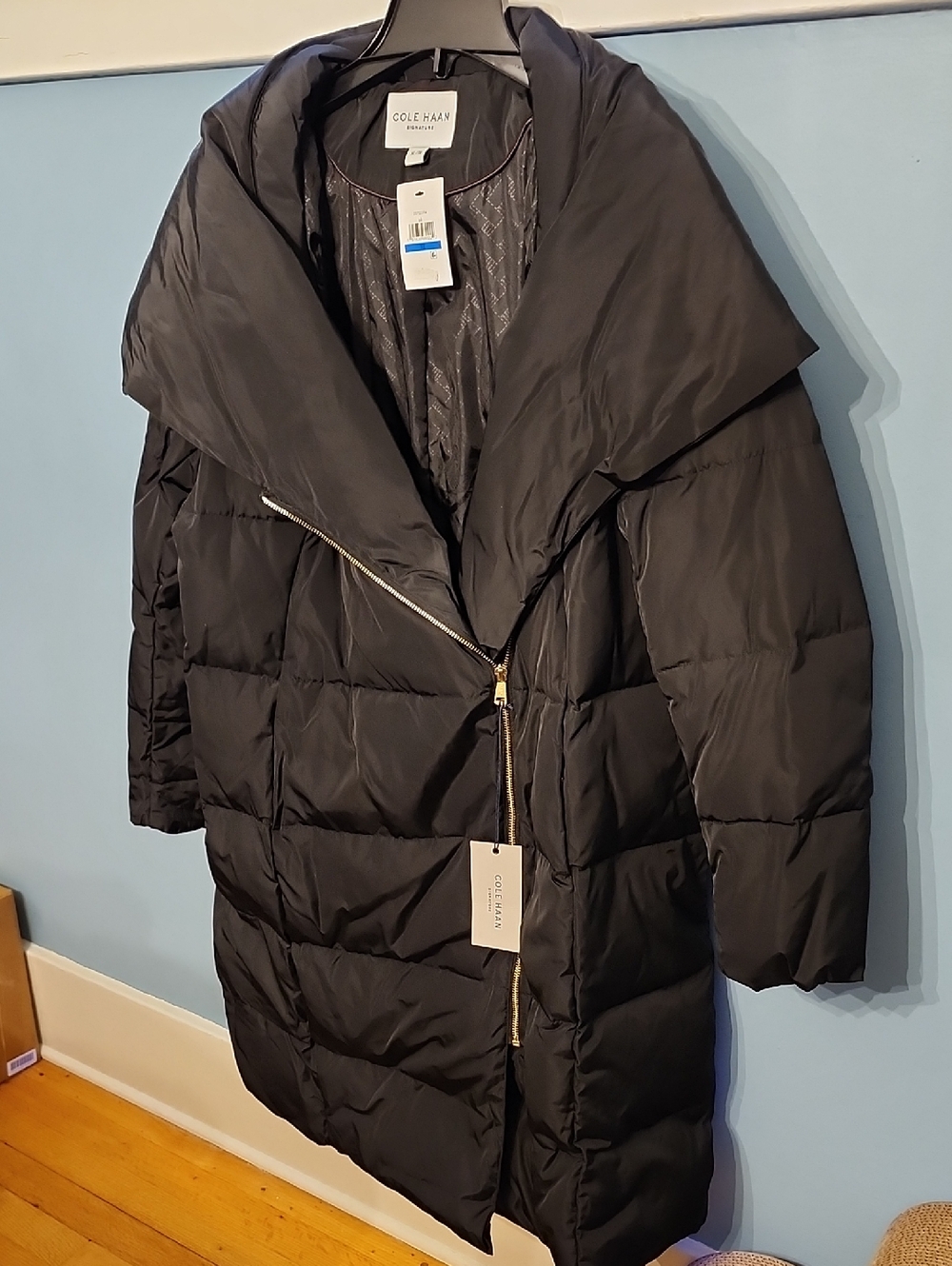 Cole Haan Black Quilted Puffer Coat with Oversized Collar